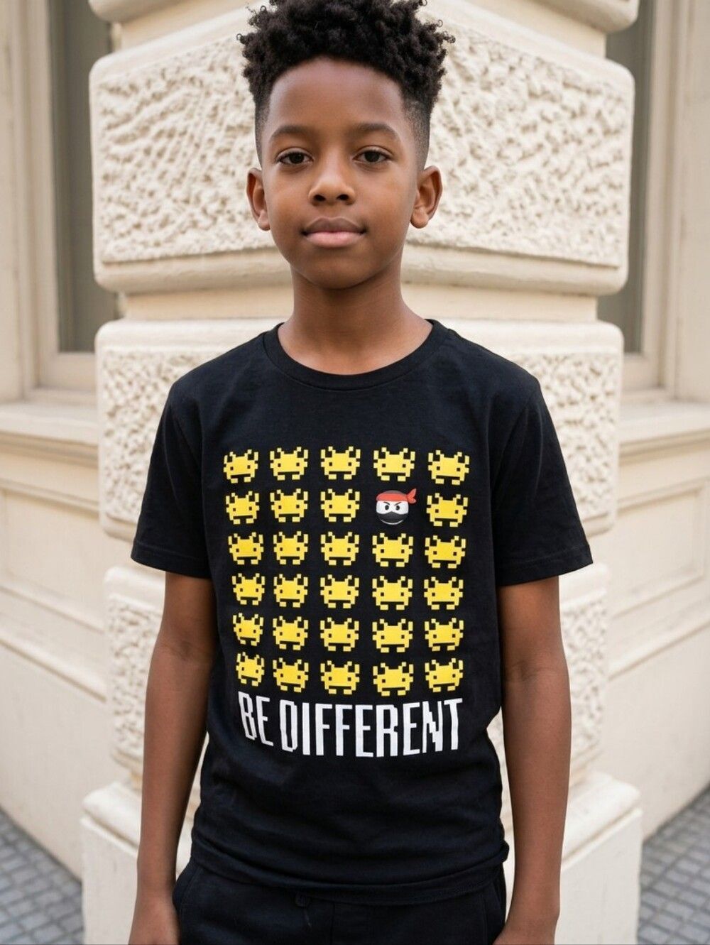 Boys Ninja Space Invaders Retro Video Game Tee 10/12 Black BE DIFFERENT Graphic